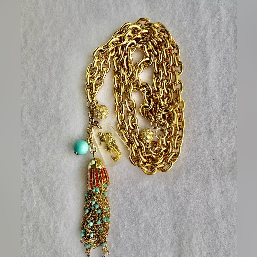 Lilly Pulitzer Seahorse Coastal Adjustable Gold -Tone Turquoise Tassel Necklace - Picture 3 of 8